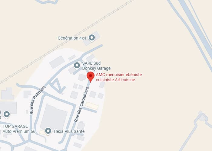 Plan d'accès AMC Menuisier Ébéniste Cuisiniste Articuisine Plan Google Maps situant AMC menuisier ébéniste cuisiniste Articuisine sur la Rue des Caroubiers.